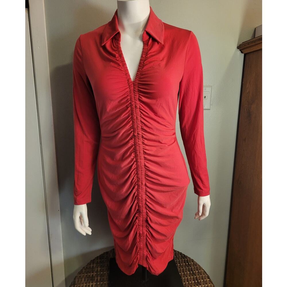 Coral Red Ruched Bodycon Midi Dress Medium Collared Date Night Pinup Wiggle